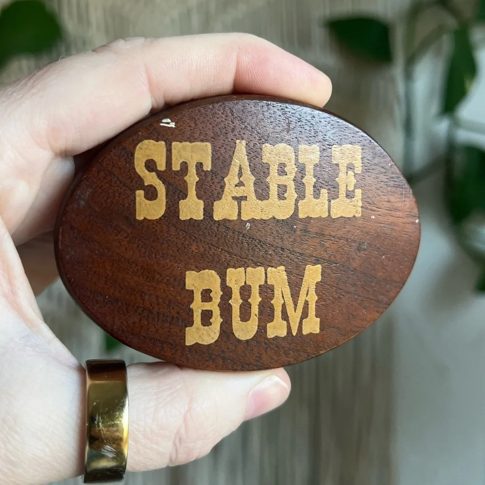 Vintage “Stable Bum” Wood Belt Buckle Western Equestrian Humor